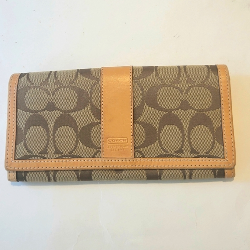 Coach Signature & Leather Trim Slim Bifold Wallet Brown
